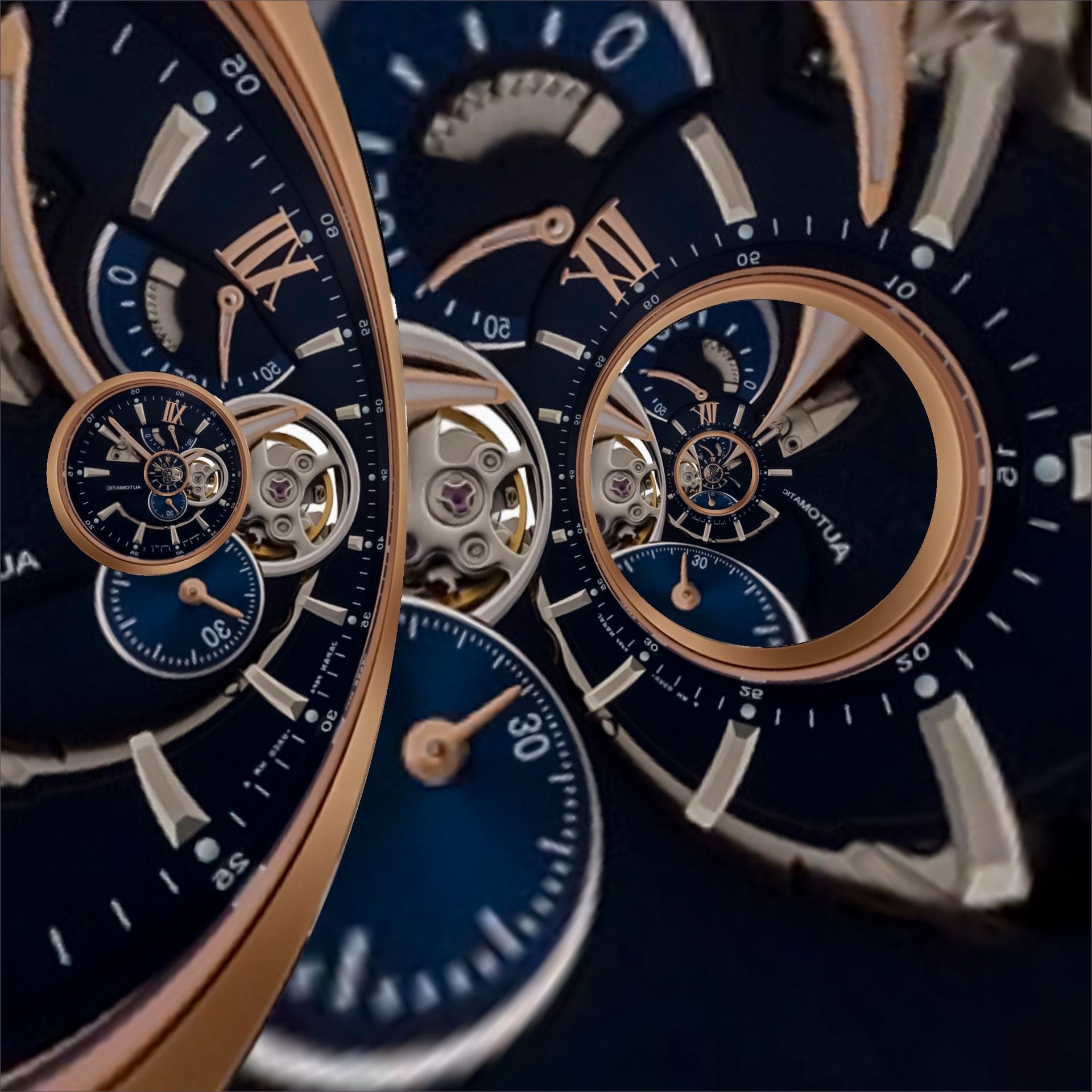 Two pole Droste effect eternal clock face generated from photograph of wristwatch